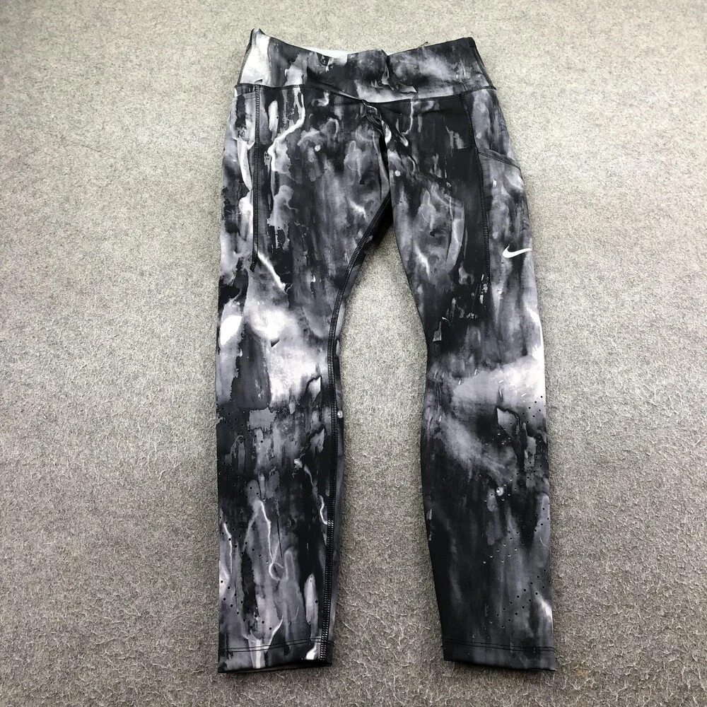 Nike Leggings Womens Medium Black Tie Dye Ankle Dri-FIT Pockets Yoga Gym Running
